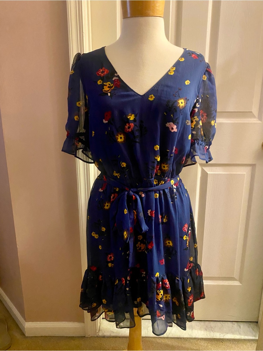 Express Navy Floral V‑Neck Belted Mini Dress